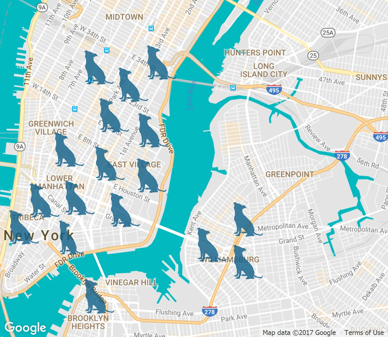 Map of The FurKid Company's service area across downtown Manhattan, Williamsburg and Dumbo